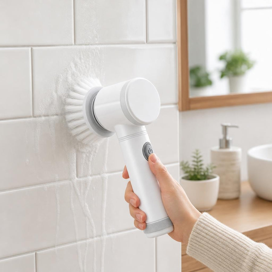Cepillo eléctrico giratorio limpiando los azulejos de un baño