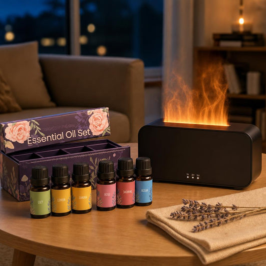 Set de esencias aromáticas junto al mini difusor efecto llama